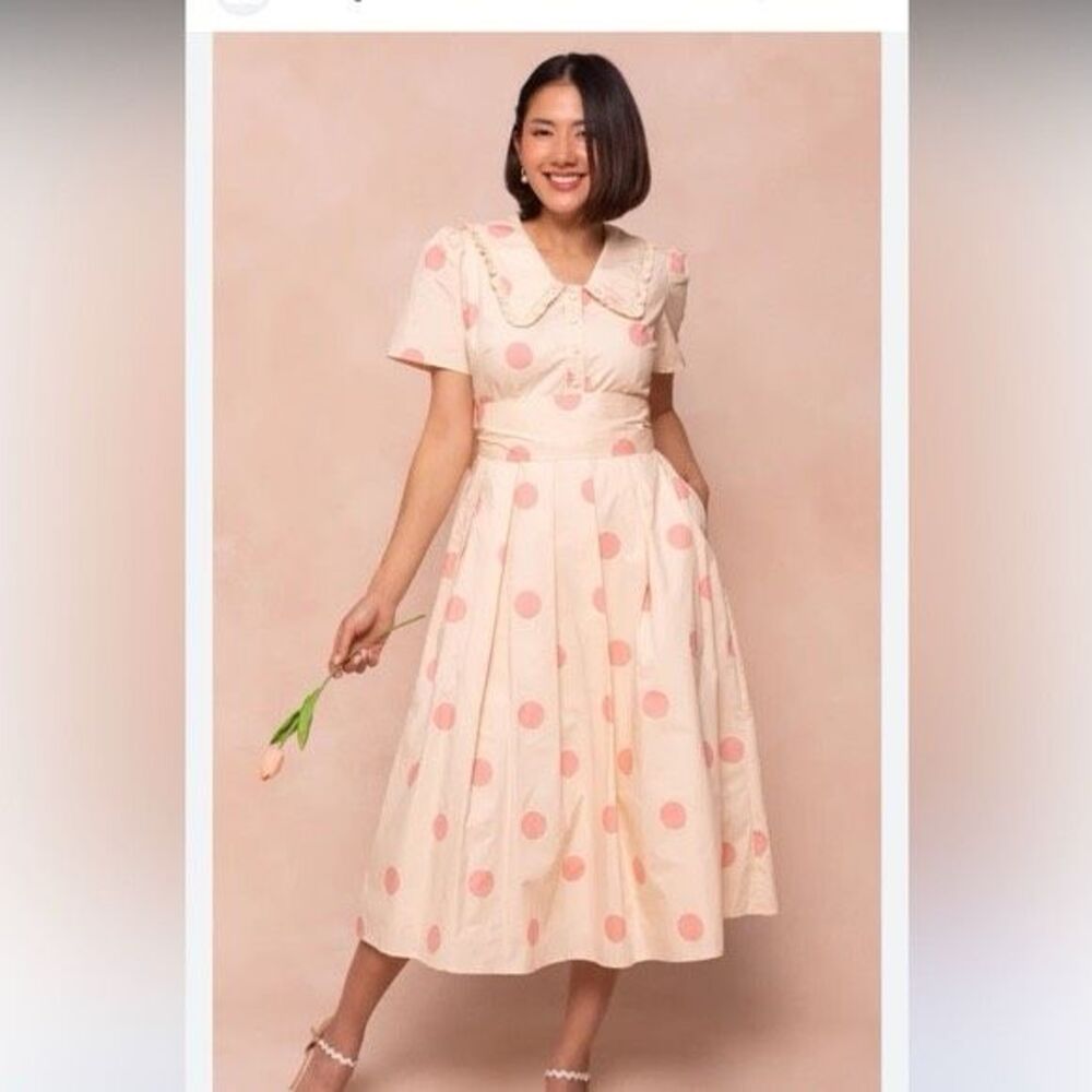 Ivy City Co cream midi kit dress pink polka dot Size S